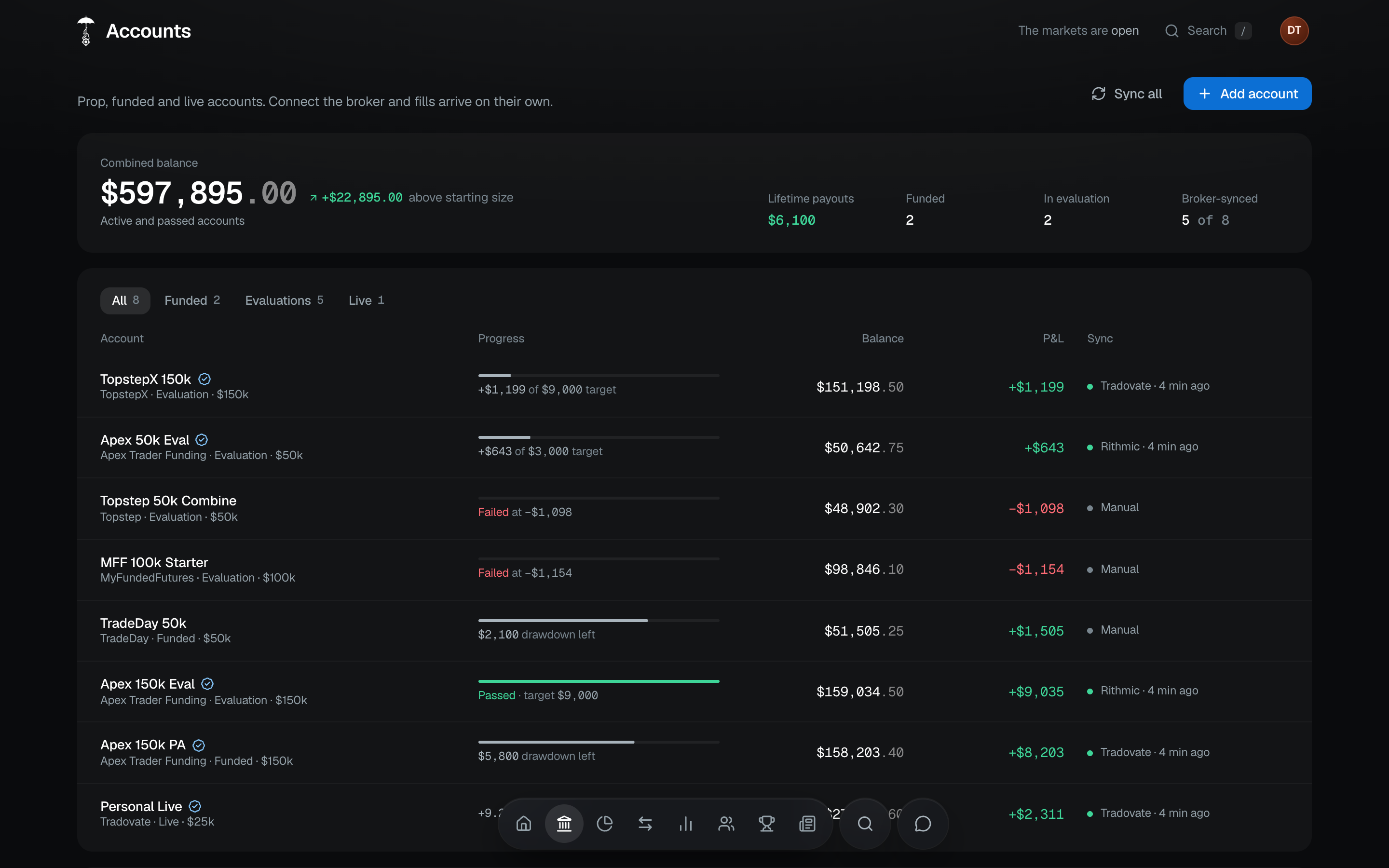 The accounts page: combined balance, then each Tradovate and Rithmic account with its progress and balance.